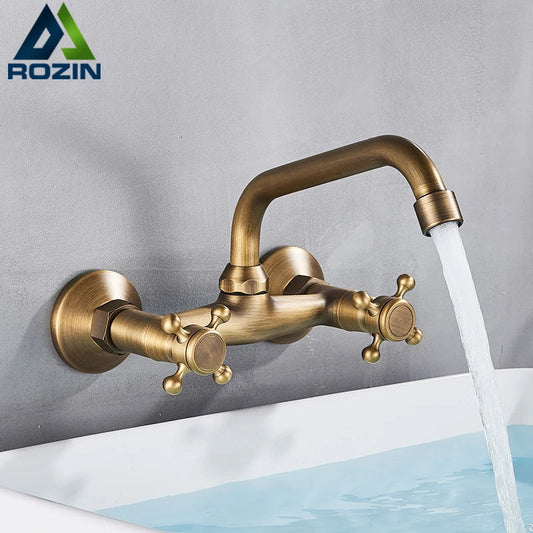 Artfan Antique Brass Kitchen Faucet with Swivel Spout and Dual Handle Mixer