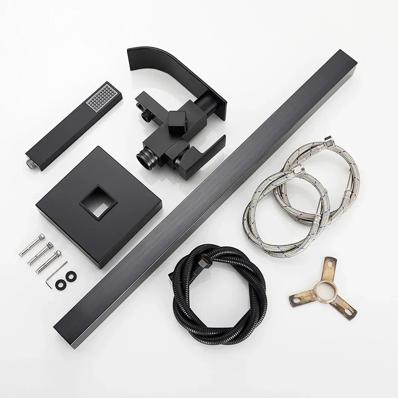 Artfan Matte Black Waterfall Bathtub Shower Faucet, Floor Standing Hot Cold Mixer Tap
