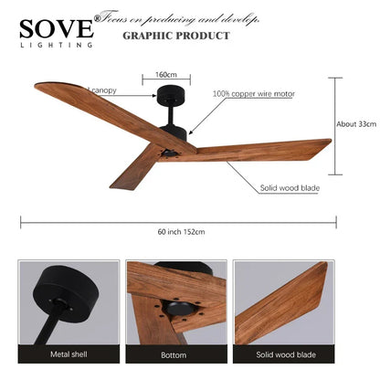 Artfan 60" Wood Ceiling Fan, Remote Control, Creative Living Room Dining Room Loft, DC Fan