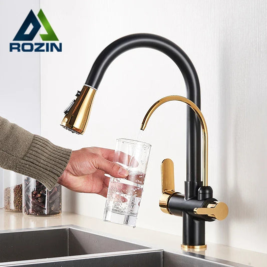 Artfan 3-Way Water Filter Kitchen Faucet: Black & Golden Crane Pull Out Sprayer