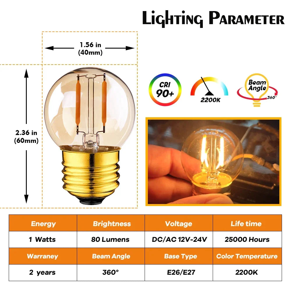 Artfan Amber Glass Vintage LED Bulb G40 1W E27 Base Warm White 2200K