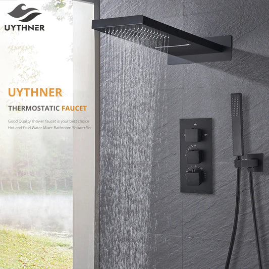 Artfan lighting Black Thermostatic Waterfall Rainfall Shower Faucet with Handshower