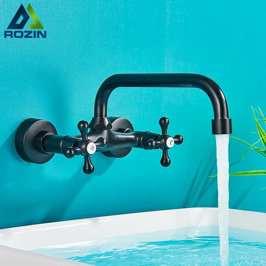 Artfan Antique Brass Basin Faucet Wall Mounted Dual Handles Swivel Spout Mixer Tap