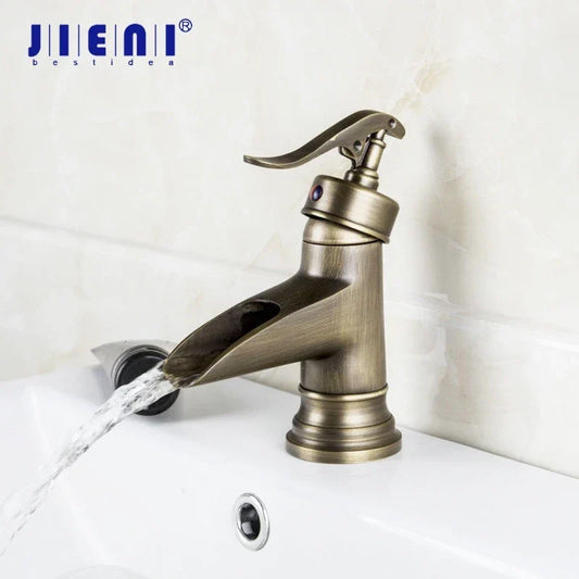 Artfan Antique Brass Waterfall Basin Faucet with Art Design Handle