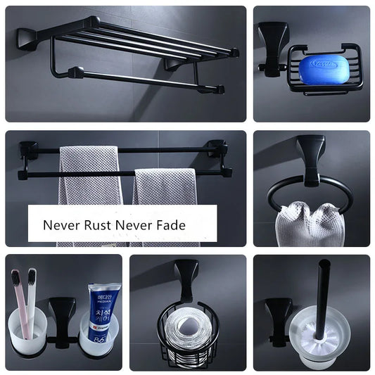 Artfan Aluminum Black Bathroom Hardware Set: Towel Holder, Paper Holder, Corner Shelf, Towel Rack, Toilet Brush Holder