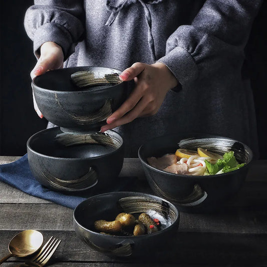 Artfan lighting Black Ceramic Sushi Plate and Rice Bowl Set