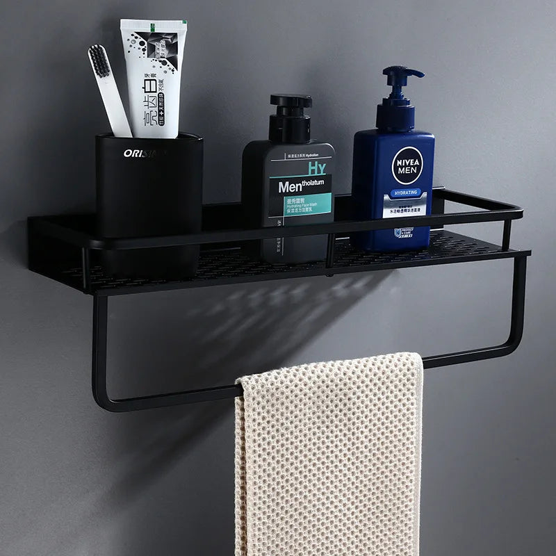 Artfan lighting Black Aluminum Bathroom Shelf with Towel Bar Wall Mounted - Bath Shower Shampoo Holder