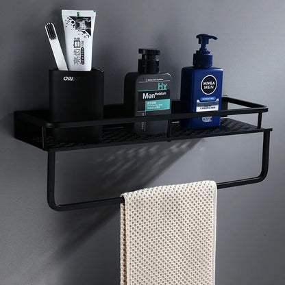 Artfan lighting Black Aluminum Bathroom Shelf with Towel Bar Wall Mounted - Bath Shower Shampoo Holder