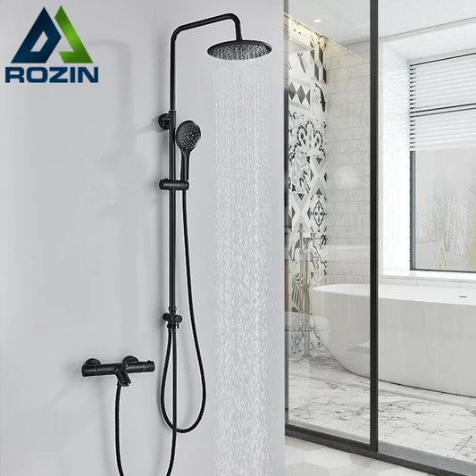 Artfan lighting Black Thermostatic Shower Faucet Set Chrome Wall Mount Rainfall Mixer Tap