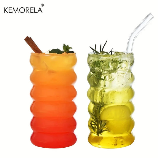 Artfan 500ML Wave Shape Beverage Glasses With Straws - Vintage Glass Cups
