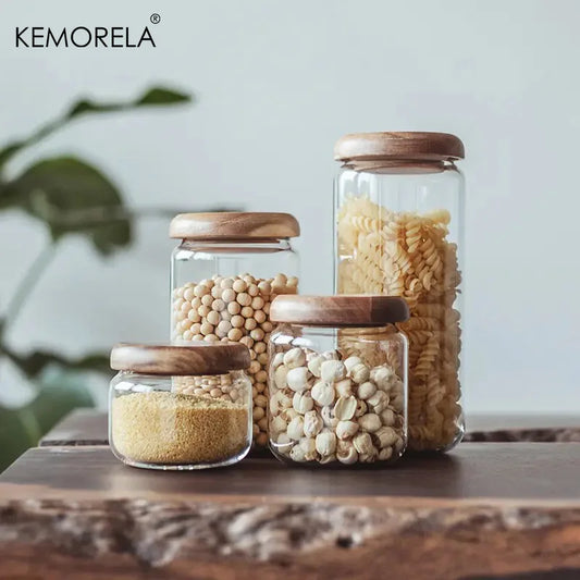 Artfan Acacia Wood Lid Glass Food Storage Container - Elegant and Functional Kitchen Jar