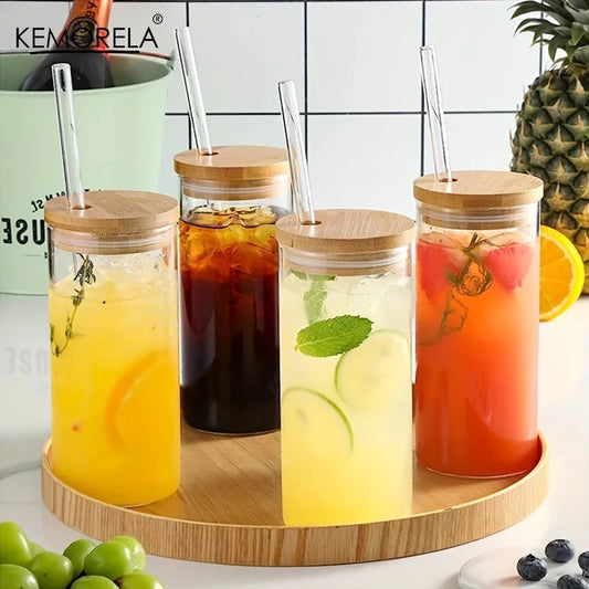 Artfan 4-Piece Set Clear Glass Tumbler Cups with Bamboo Lids and Straws - 600ML