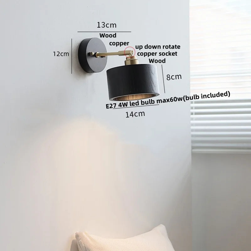Artfan lighting Black Wood LED Wall Light with Pull Chain Switch, Rotating Japanese Style Bedside Lamp