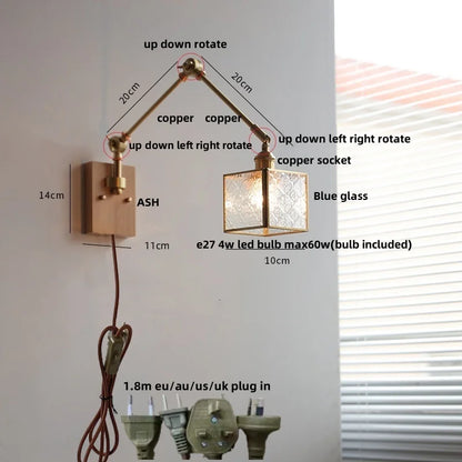 Artfan Ash Wood LED Wall Lights Swing Arms Blue Glass Bedside Lamp