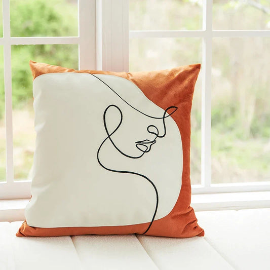 Artfan Abstract Plush Burnt Orange Embroidered Pillow Cover 45x45cm Ivory Decoration