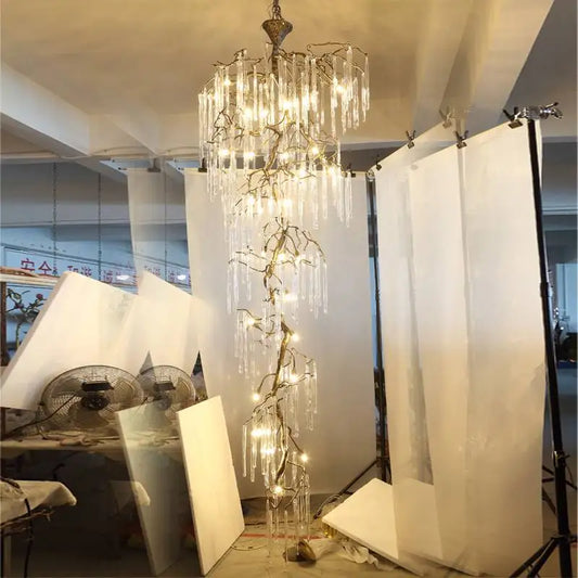 Artfan Crystal High Ceiling Staircase Chandelier Branch Hanging Loft Stairway Brass