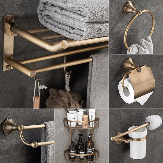 Artfan Antique Brass Bathroom Accessory Set: Towel Rack, Paper Holder, Soap Dish, Towel Ring, & More