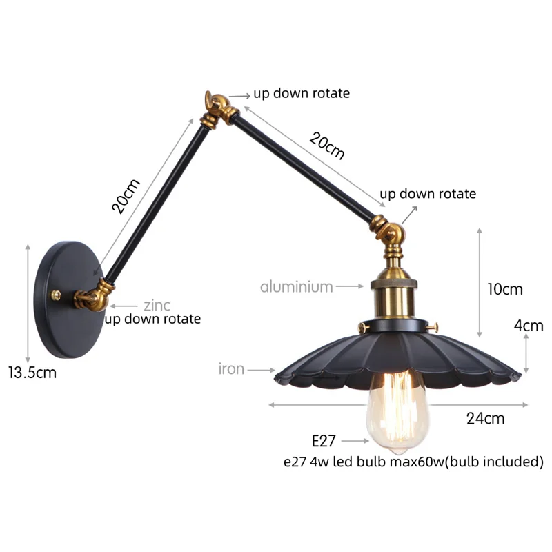 Artfan lighting Black Iron LED Wall Light Fixture Industrial Vintage Adjustable Long Arm