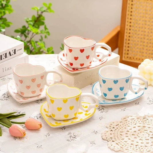 Artfan 250ml Coffee Cup and Saucer Set with Heart Handle Hand-painted Pink Hearts