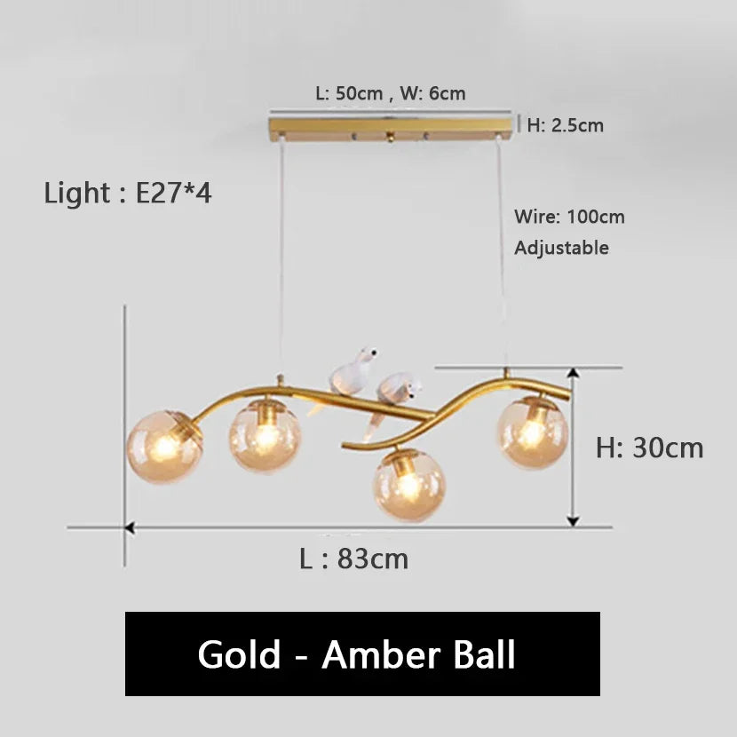 Artfan lighting Birds Hanging Glass LED Chandelier in Black & Gold Iron - Modern Kitchen Island Light