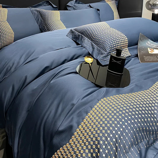 Artfan 1000TC Cotton Embroidery Luxury Bedding Set in Blue White Champagne