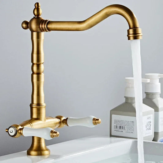 Artfan Antique Brass Kitchen Faucet with Dual Handles and 360° Rotation