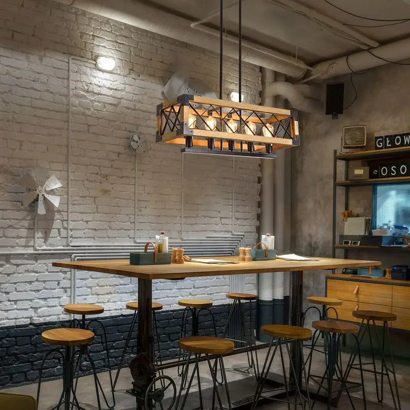 Artfan 6-Head Industrial Style Pendant Lamp - Retro Solid Wood Iron Table Light