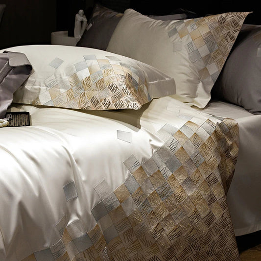 Artfan 4-Piece Luxury Embroidery Bedding Set in Pearl White/Grey Satin Brocade Cotton