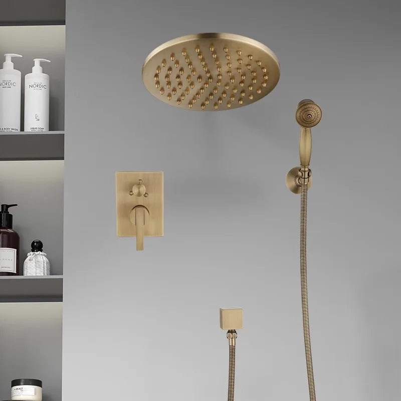 Artfan Antique Brass Shower Faucet Set with 10 Inch Round Head - Bathroom Wall Kit