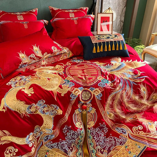Artfan Luxury Gold Loong Phoenix Embroidery Bedding Set, 1000TC Egyptian Cotton