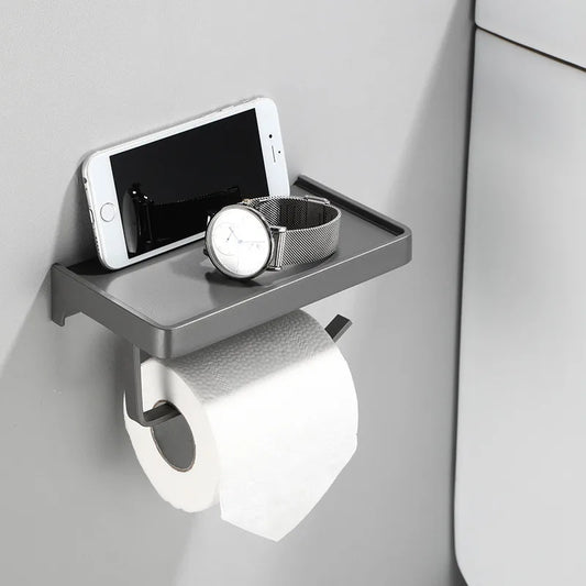 Artfan Aluminum Gray Bathroom Paper Roll Holder with Phone Shelf, Tissue Box Rack
