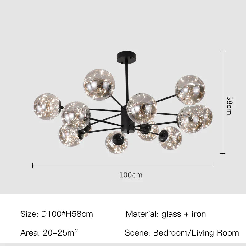 Artfan lighting Black Glass Ball Chandelier: Luxury Dimmable Pendant Lamp for Living Room & Bedroom.