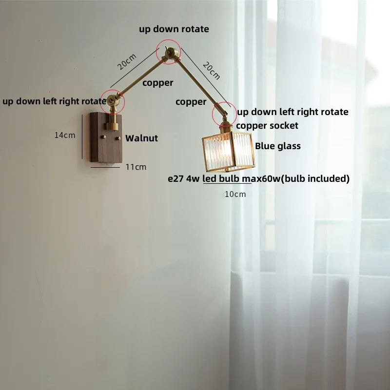 Artfan Ash Wood LED Wall Lights Swing Arms Blue Glass Bedside Lamp