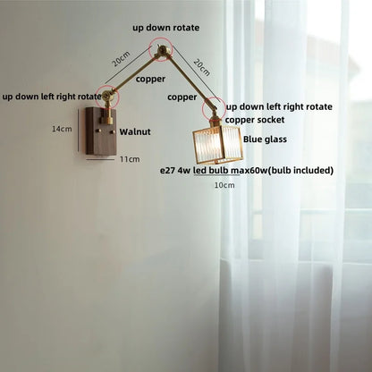Artfan Ash Wood LED Wall Lights Swing Arms Blue Glass Bedside Lamp