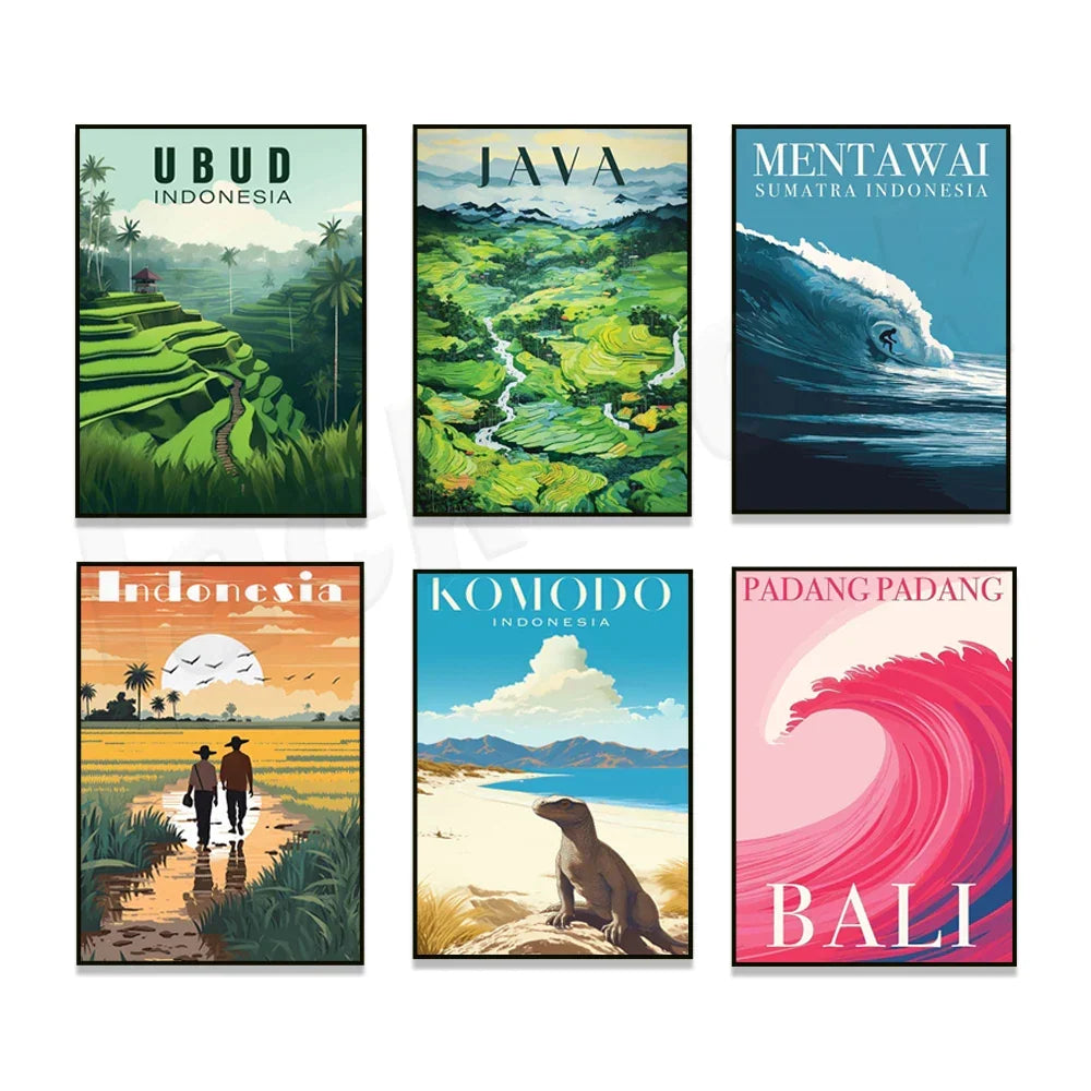 Artfan Bali Surfing Poster - Uluwatu, Canggu, Pererenan Estuary, Borobudur, Komodo, Rice Field Illustration