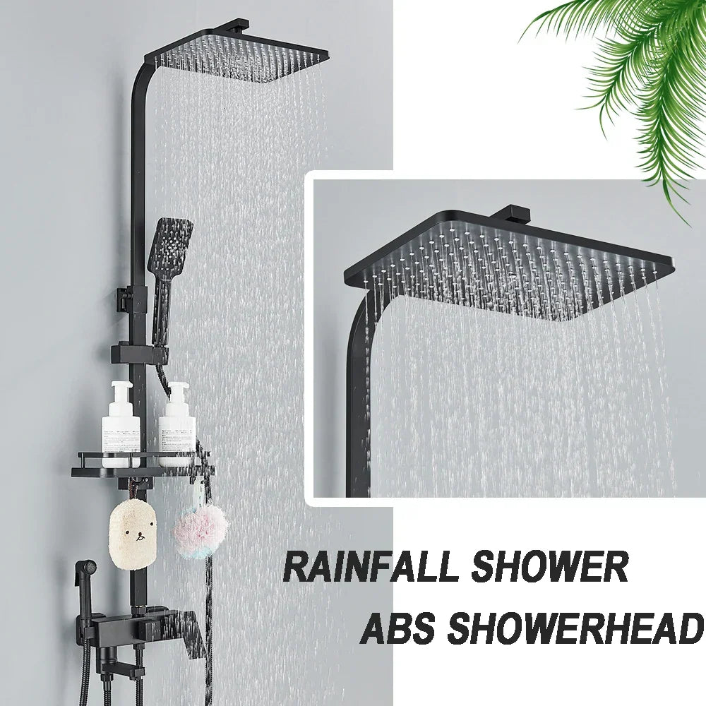 Artfan lighting Black Brass Shower Faucet Set Rainfall Bathtub Tap With Bathroom Shelf