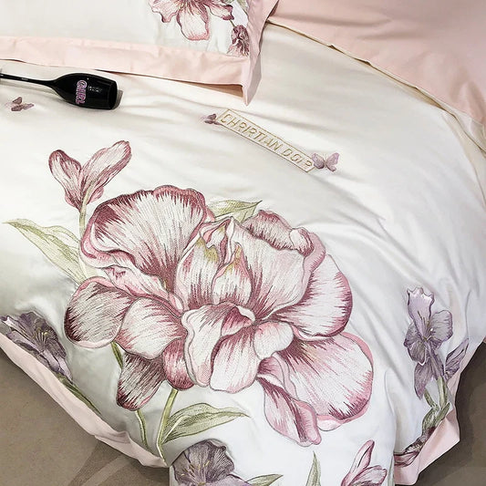 Artfan lighting Blooming Flowers Embroidery Bedding Set 600TC Egyptian Cotton Duvet Cover Queen King