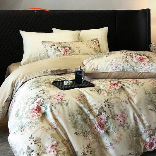 Artfan 1000TC Vintage Flowers Print Bedding Set with Duvet Cover, Sheet, Pillowcases