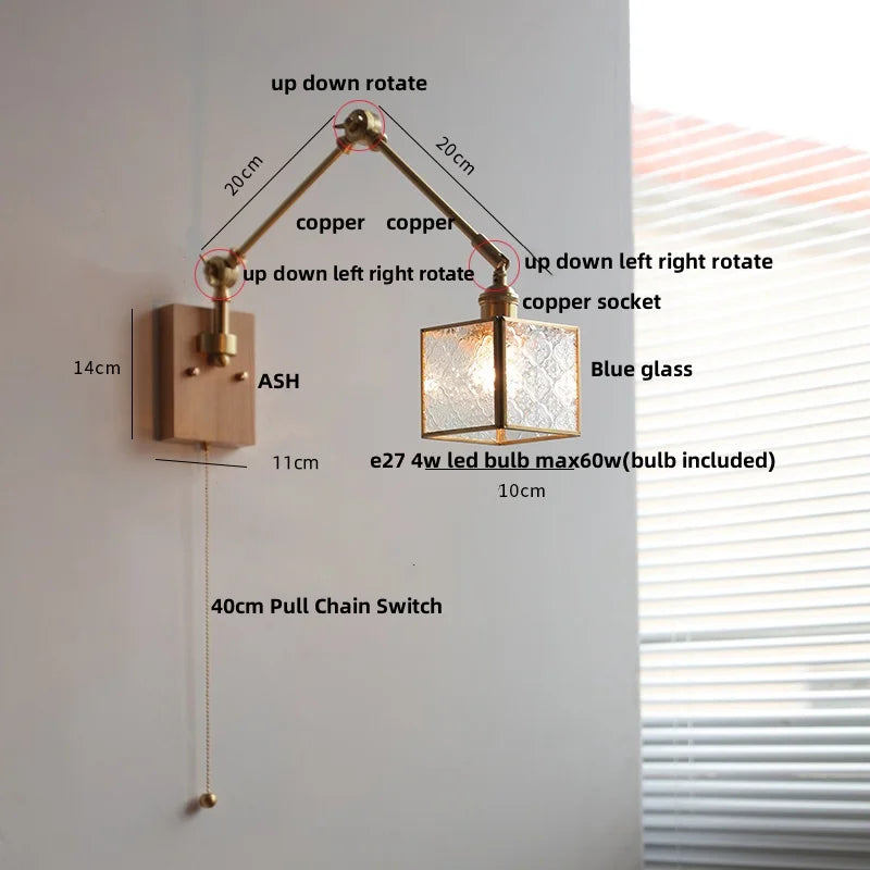 Artfan Ash Wood LED Wall Lights Swing Arms Blue Glass Bedside Lamp