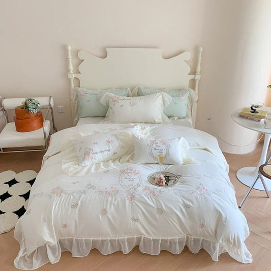 Artfan 4Pcs Flowers Embroidery Princess Queen Bedding Set with Lace Ruffles