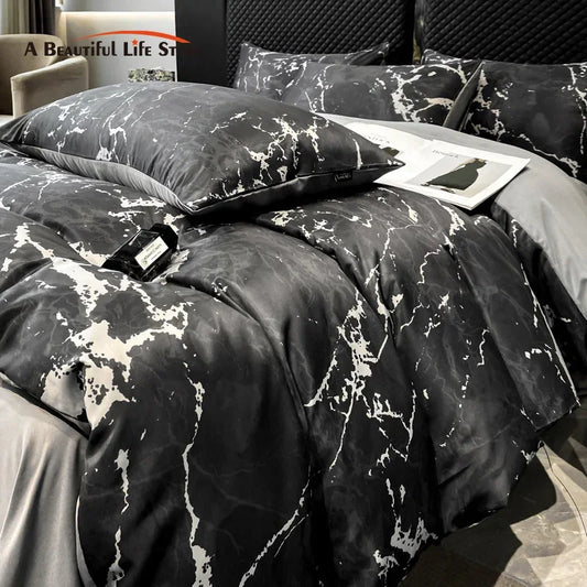 Artfan lighting Black Grey Marble Ice Silk Duvet Cover Set - Luxury Cooling Comfort, Nordic Style