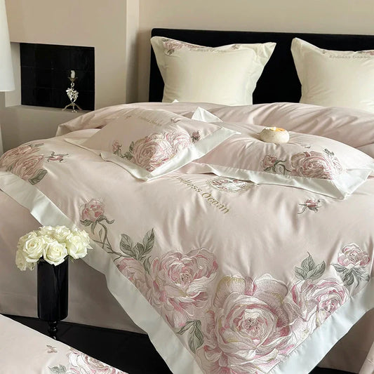Artfan 4-Piece Pink Purple Flowers Embroidery Bedding Set in 1000TC Egyptian Cotton