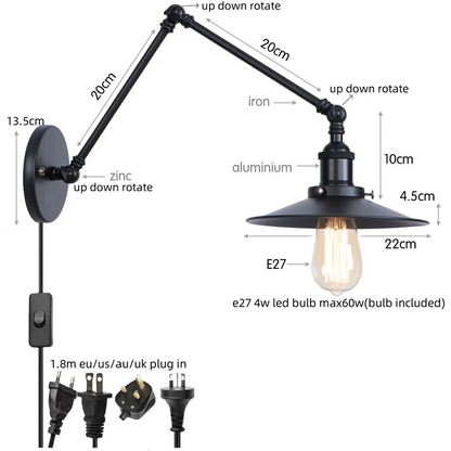 Artfan lighting Black Iron LED Wall Light Fixture Industrial Vintage Adjustable Long Arm