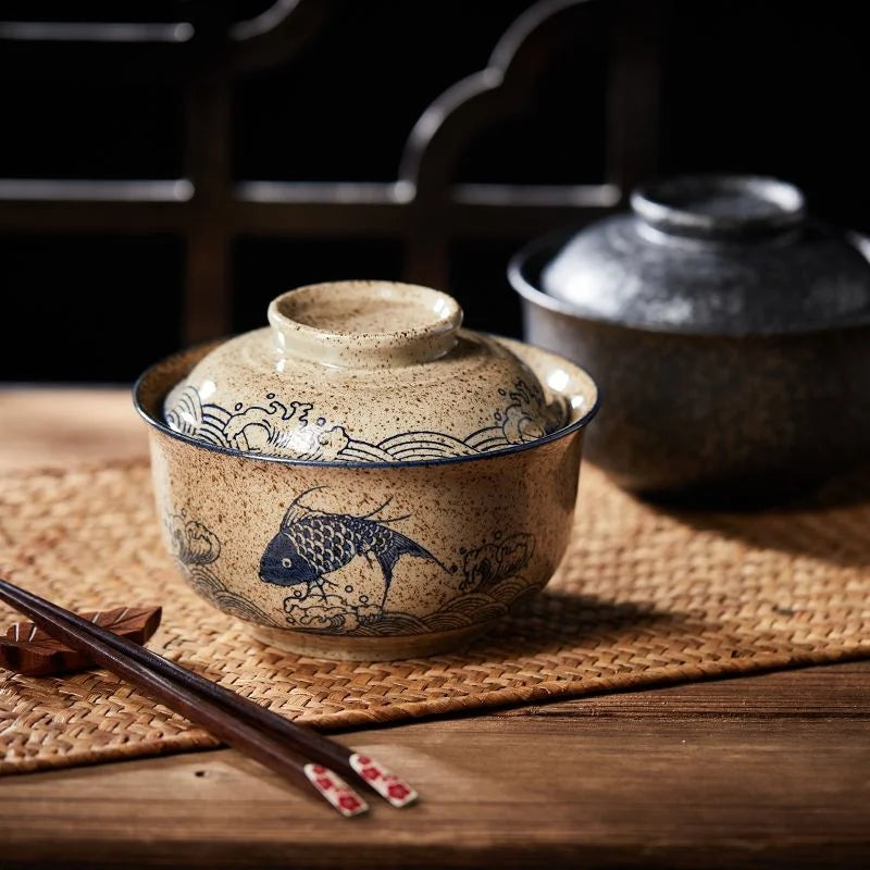 Artfan 6.5inch Retro Ceramic Ramen Bowl Set with Lid, Chopsticks, and Spoons