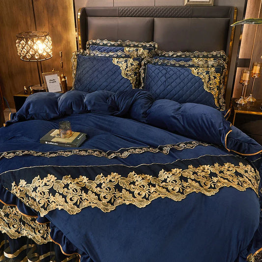 Artfan lighting Black Gold Lace Duvet Set, Luxury Crystal Velvet, Quilted Embroidery, Ruffle Bedding