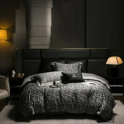 Artfan 1000TC Egyptian Cotton Grey Leopard Print Bedding Set with Duvet Cover, Sheet, Pillowcase