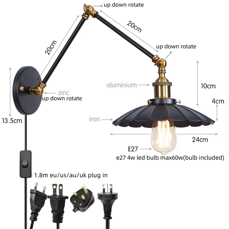 Artfan lighting Black Iron LED Wall Light Fixture Industrial Vintage Adjustable Long Arm
