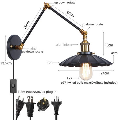 Artfan lighting Black Iron LED Wall Light Fixture Industrial Vintage Adjustable Long Arm