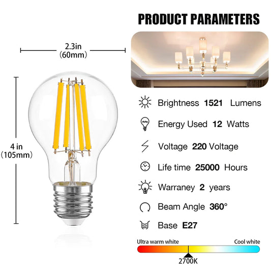 Artfan A19 7W 12W E27 220V LED Bulbs 2700K High Lumen Ultra Bright 1521lm Decorative