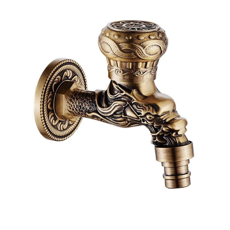 Artfan Antique Brass Dragon Carved Outdoor Washing Machine Faucet Cold Tap